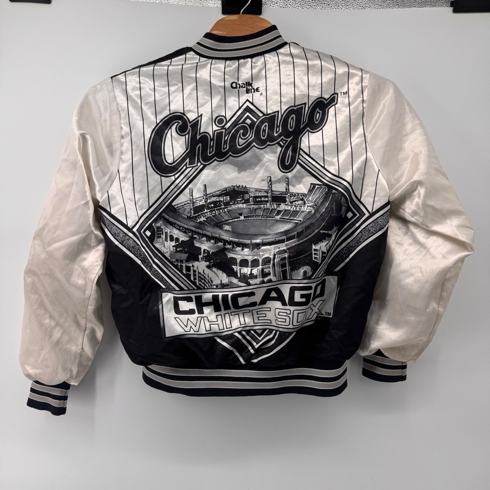 Chalk Line Varsity Jacket Mens L Black White Chicago White Sox Satin Graphic 90s